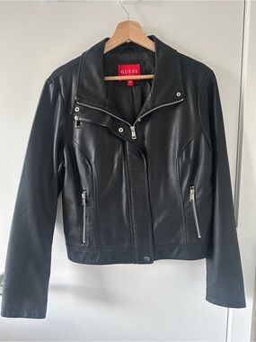 GUESS Black Faux Leather Moto Jacket with Silver Hardware